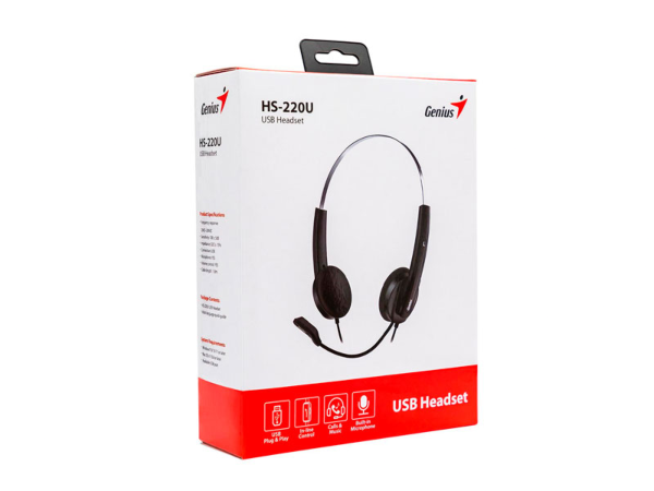 HEADSET GENIUS HS-220U CON MICROFONO Y CONTROL DE VOLUMEN, USB NEGRO