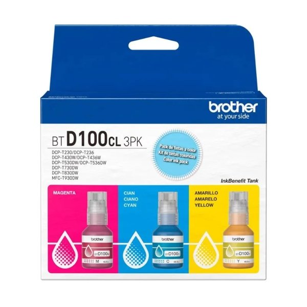 PACK 3 BOTELLAS DE TINTA BROTHER CYAN, MAGENTA Y YELLOW BTD100CL3PK ...