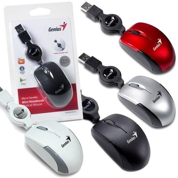 Mouse Genius Micro traveler usb rectractil negro, rojo, blanco, gris
